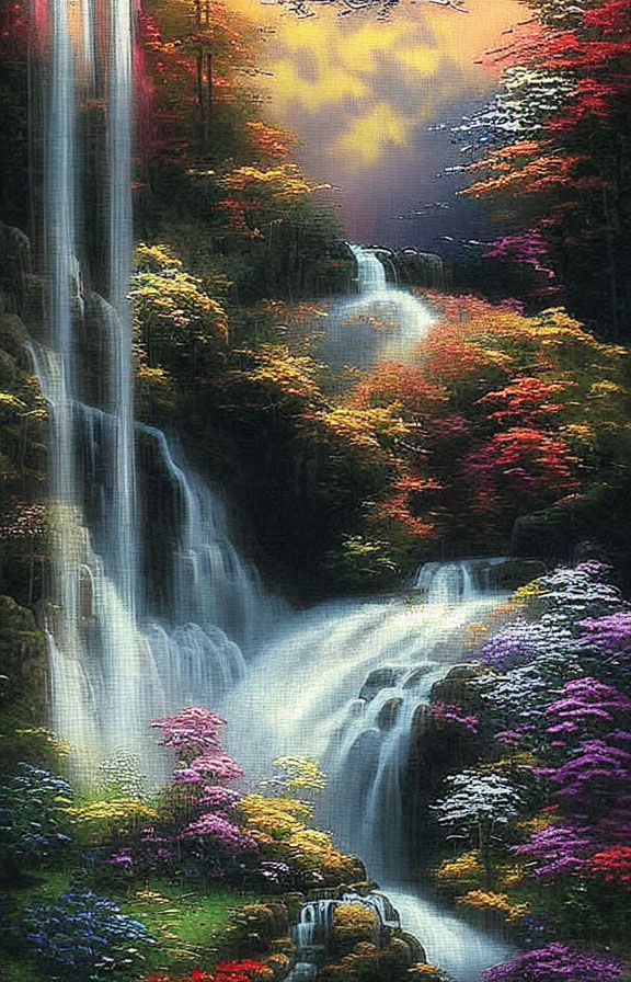 Colorful Autumn Forest Waterfall with Sunlight Filtering through Mist