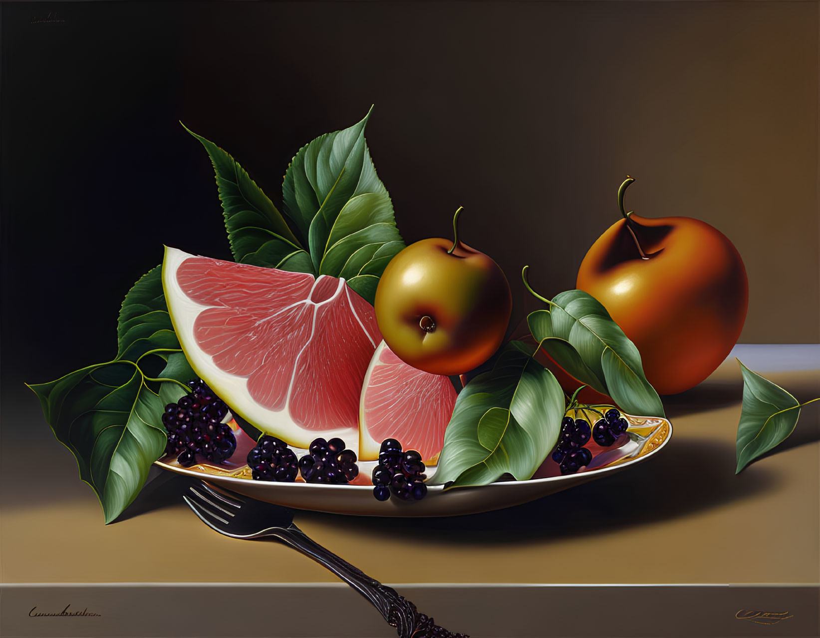 Colorful still life painting with grapefruit, apples, blackberries, leaves, and fork on reflective