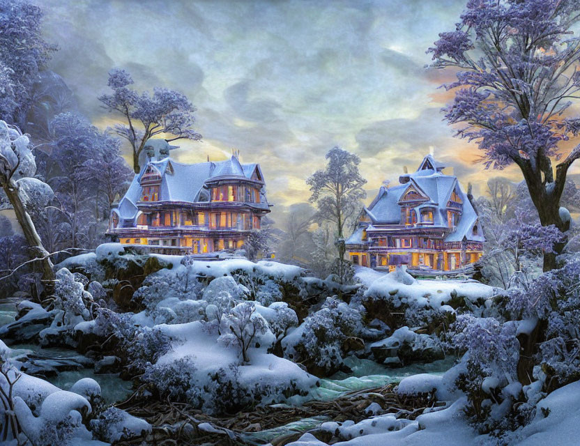 Victorian-style houses in snowy twilight landscape with frost-covered trees