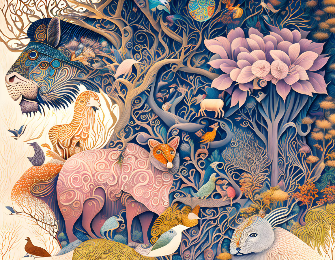 Vibrant artwork showcasing stylized animals and nature in intricate patterns