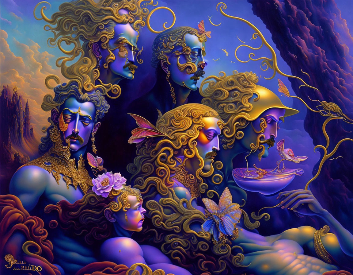 Colorful Surreal Artwork: Multiple Faces & Intricate Details on Fantastical Background