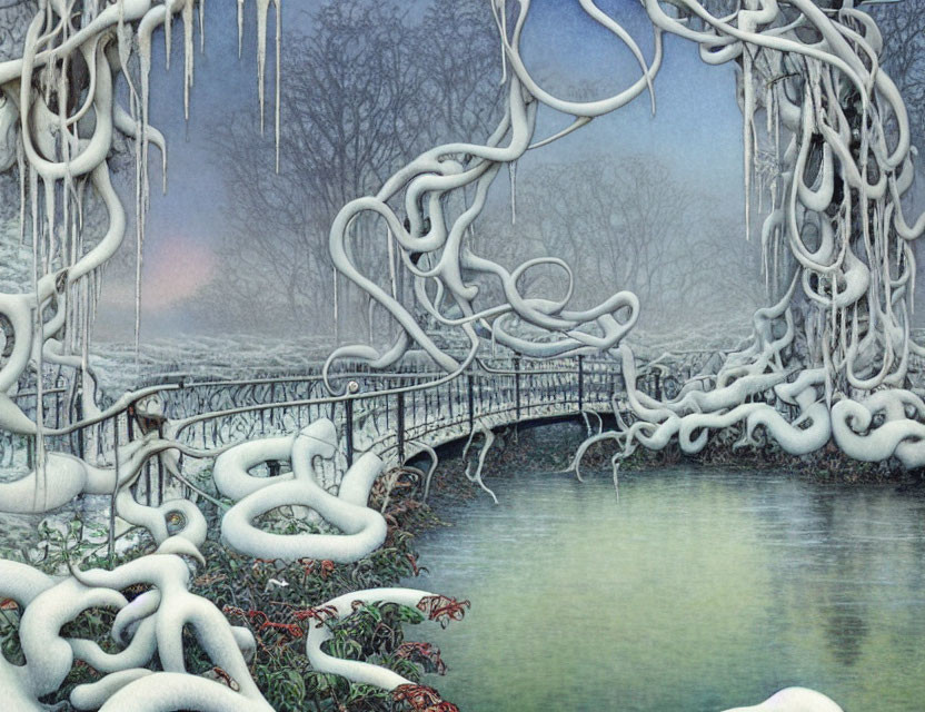 Tranquil river with snow-covered vines on quaint bridge