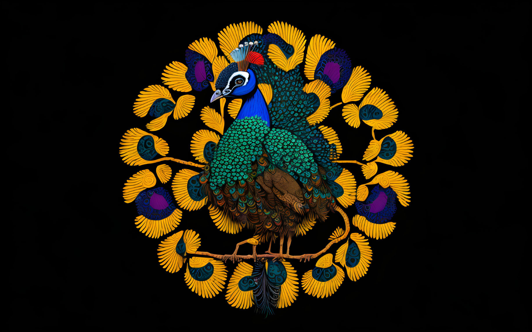 Colorful Peacock Illustration with Elaborate Tail on Black Background