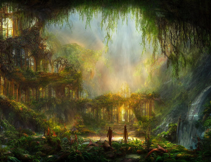 Mystical forest scene with lush greenery and waterfall