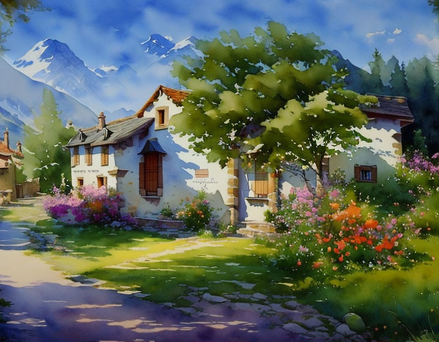 Tranquil watercolor painting of a village with lush tree and mountains