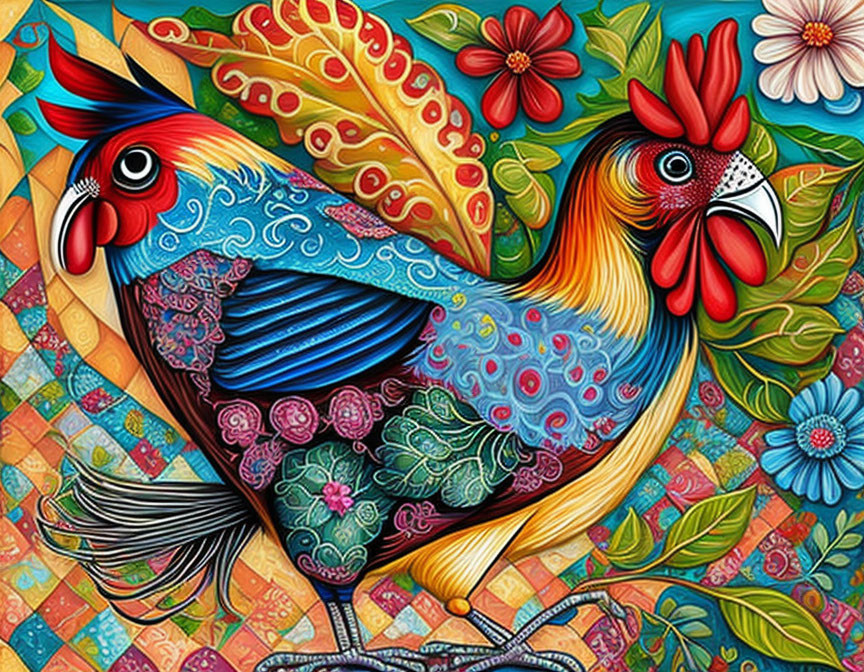 Colorful Rooster Illustration with Floral Background