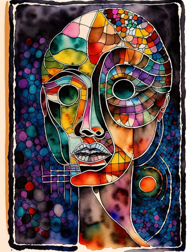 Colorful Abstract Stained-Glass Human Face Illustration with Mosaic Pattern