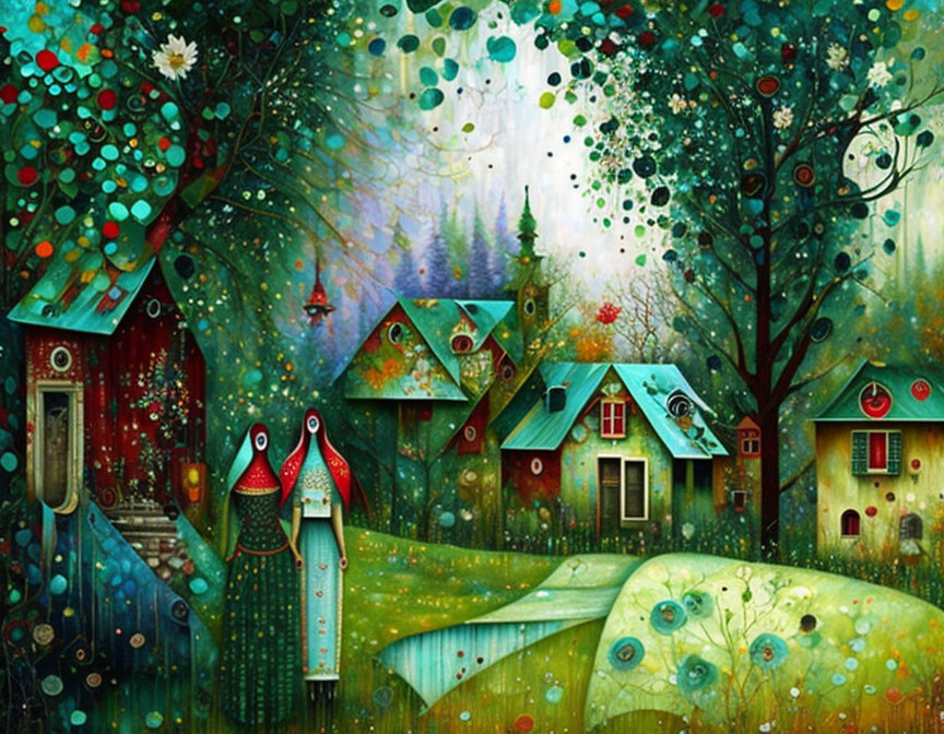 Colorful Village Painting in Lush Forest with Flowers