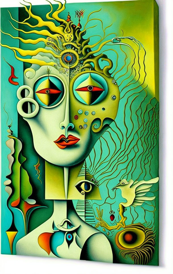 Colorful surreal portrait with multiple eyes and abstract shapes on green-yellow background