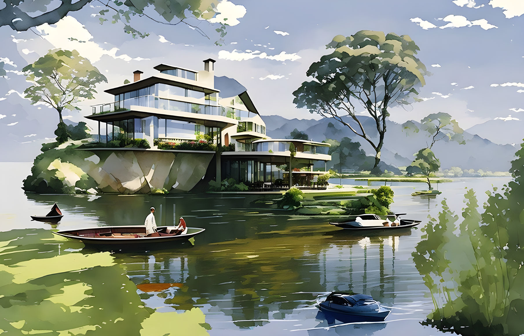 Modern Multi-Level Lakeside House Surrounded by Trees and Boats