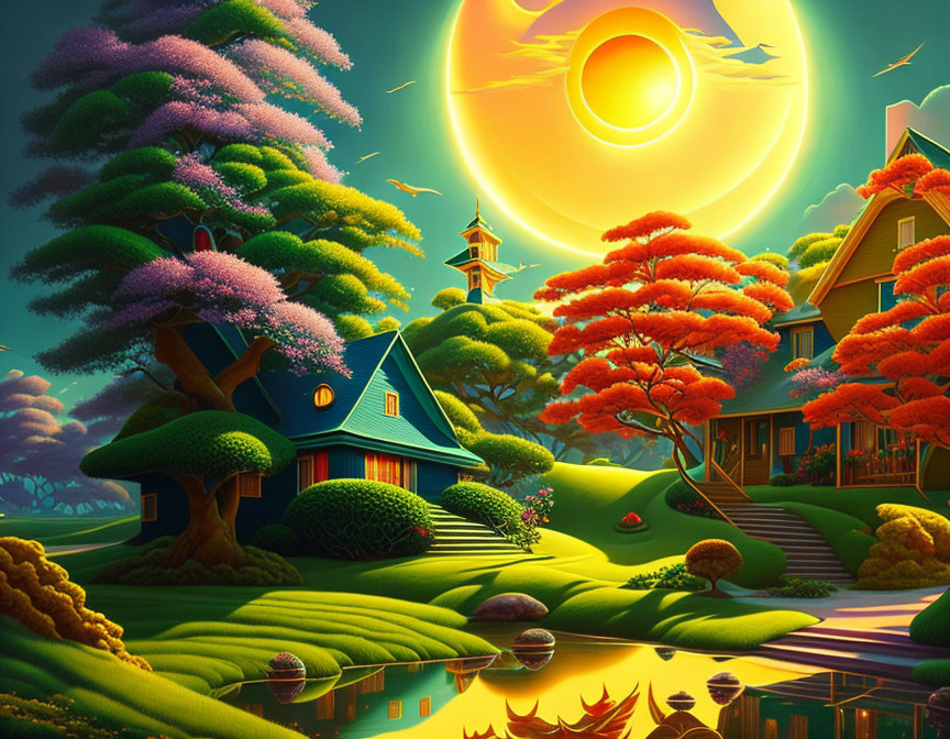 Colorful Fantasy Landscape with Sun, Trees, Lake, and Whimsical Architecture