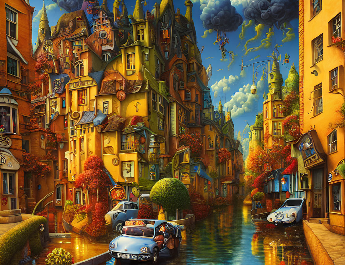 Colorful town with crooked buildings and flying cars under a sky with floating islands