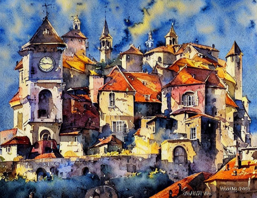 European Village Watercolor Painting with Clock Tower