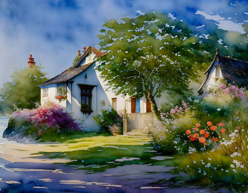 White Thatched Roof Cottage Surrounded by Trees and Flowers