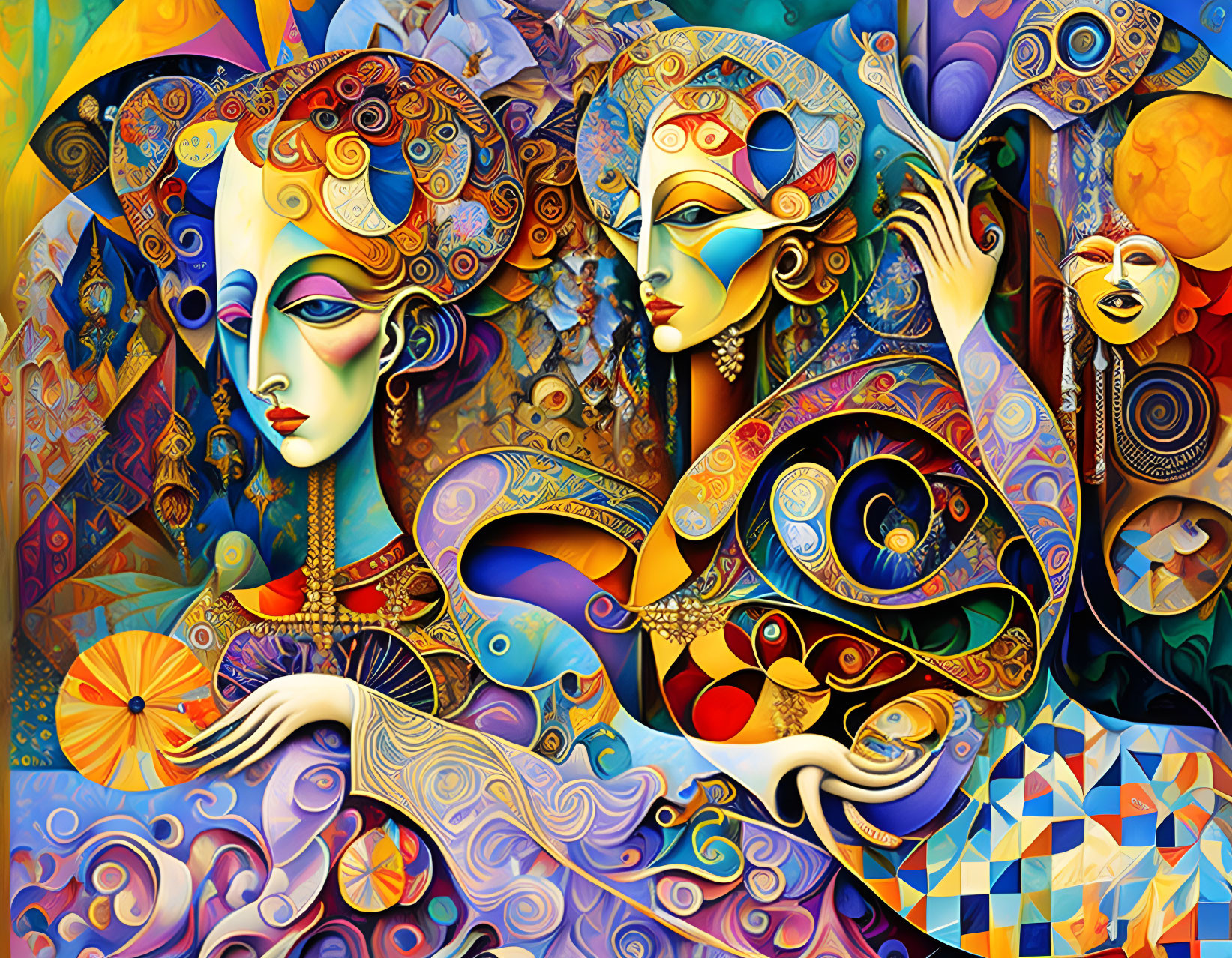 Colorful abstract artwork with stylized human figures and intricate patterns