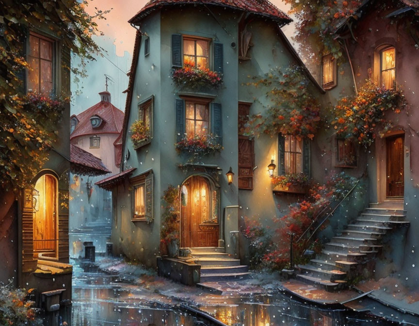 Charming cobblestone street with colorful houses and autumn foliage on a rainy evening