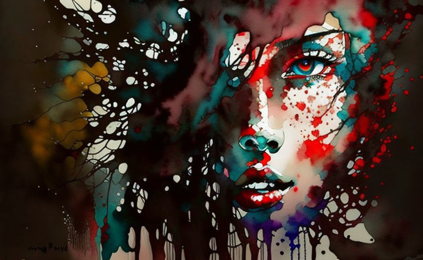 Colorful Watercolor Painting of Woman's Face with Blue Eyes and Ink Splashes