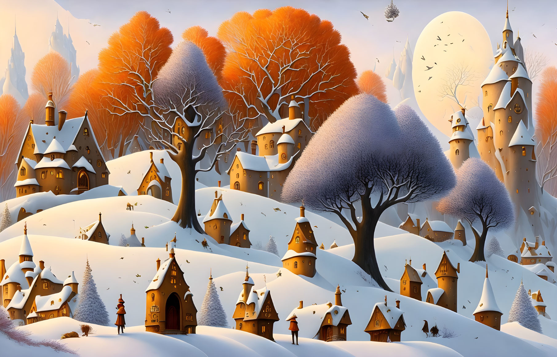 Snow-covered cottages, bare trees, castle, and person in winter scene.