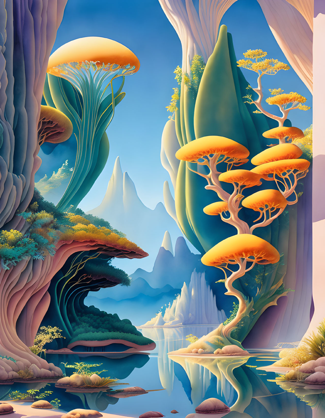 Colorful Landscape with Oversized Mushroom Trees and Misty Mountains