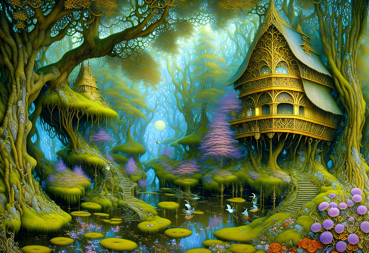 Vibrant Flora, Whimsical Treehouse, Serene Pond in Fantastical Forest