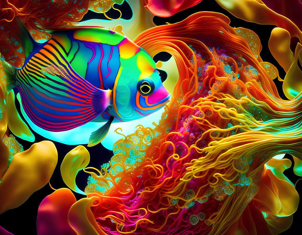 Vibrant digital artwork of stylized fish in abstract, marine-themed setting