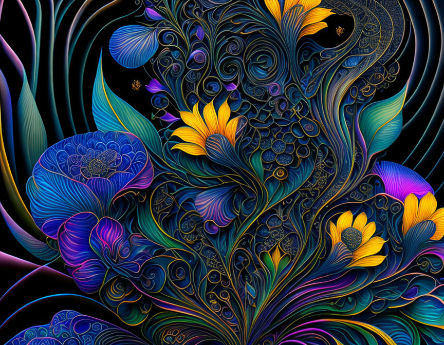 Colorful Stylized Flower Art in Blue, Purple, and Gold