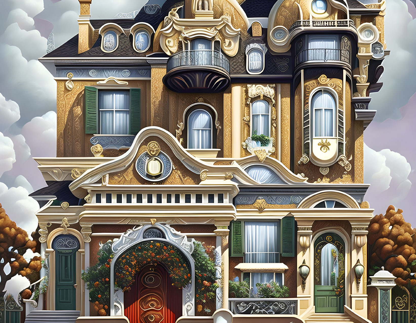 Intricate surreal building with gold accents and whimsical architecture