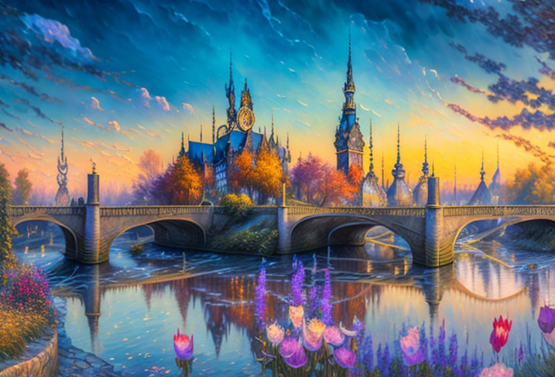 Fantastical castle with spires at sunset over reflective water