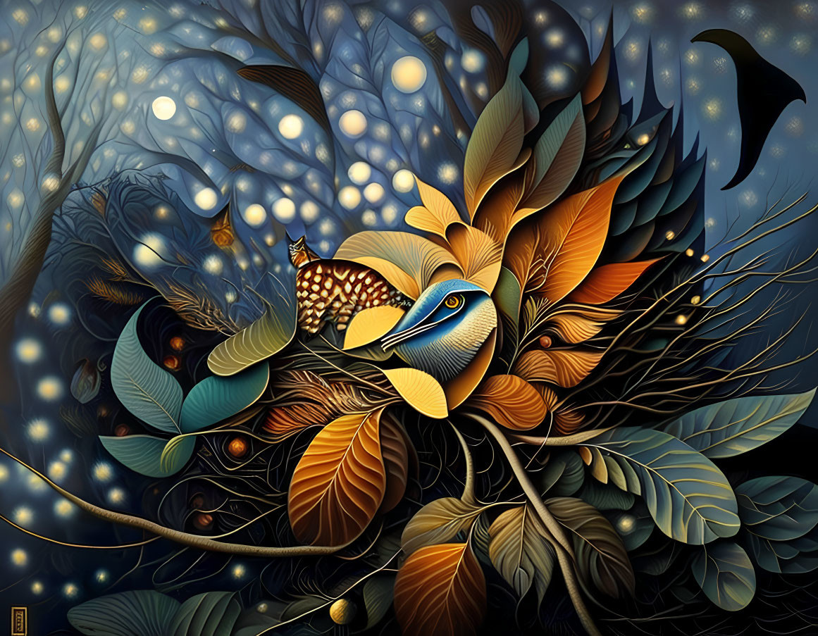 Fantastical bird surrounded by autumn leaves and glowing orbs under starlit sky