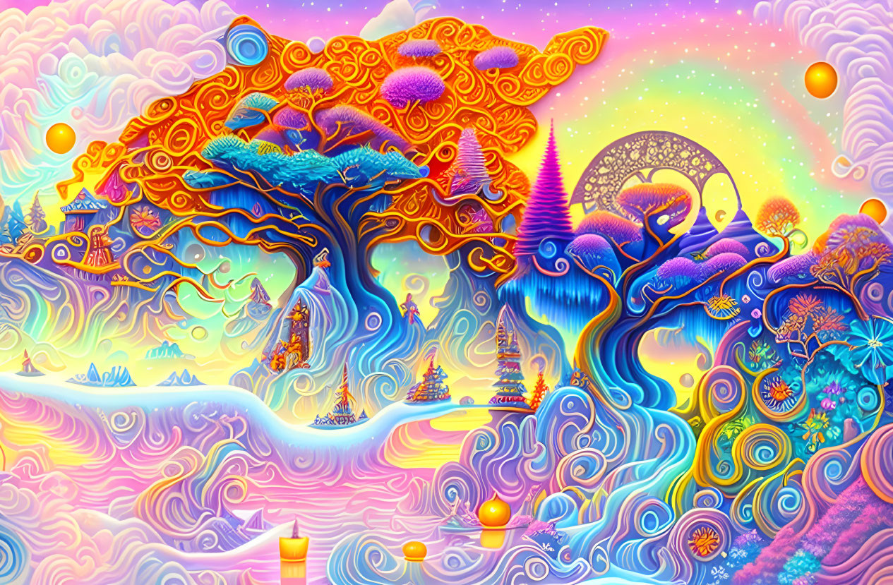 Colorful psychedelic landscape with swirling patterns and floating orbs