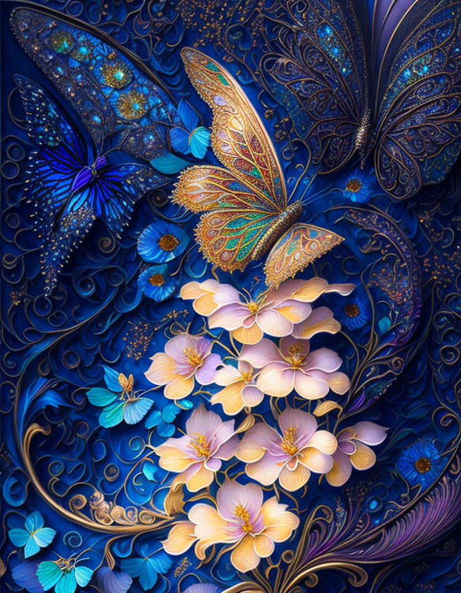 Colorful digital artwork: Ornate butterflies on blue and gold flowers in a dark backdrop