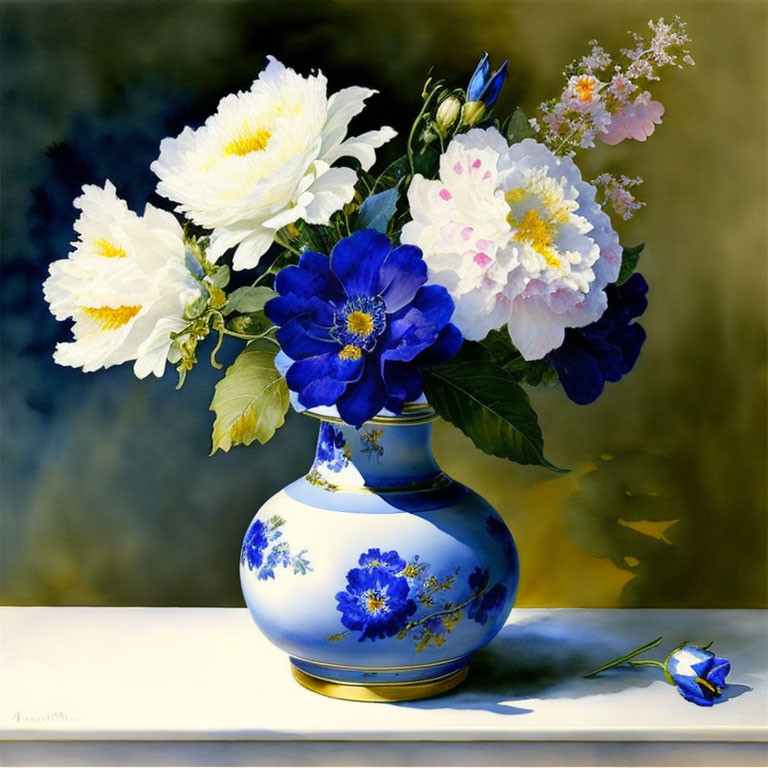 Colorful still life painting of white and blue flowers in porcelain vase