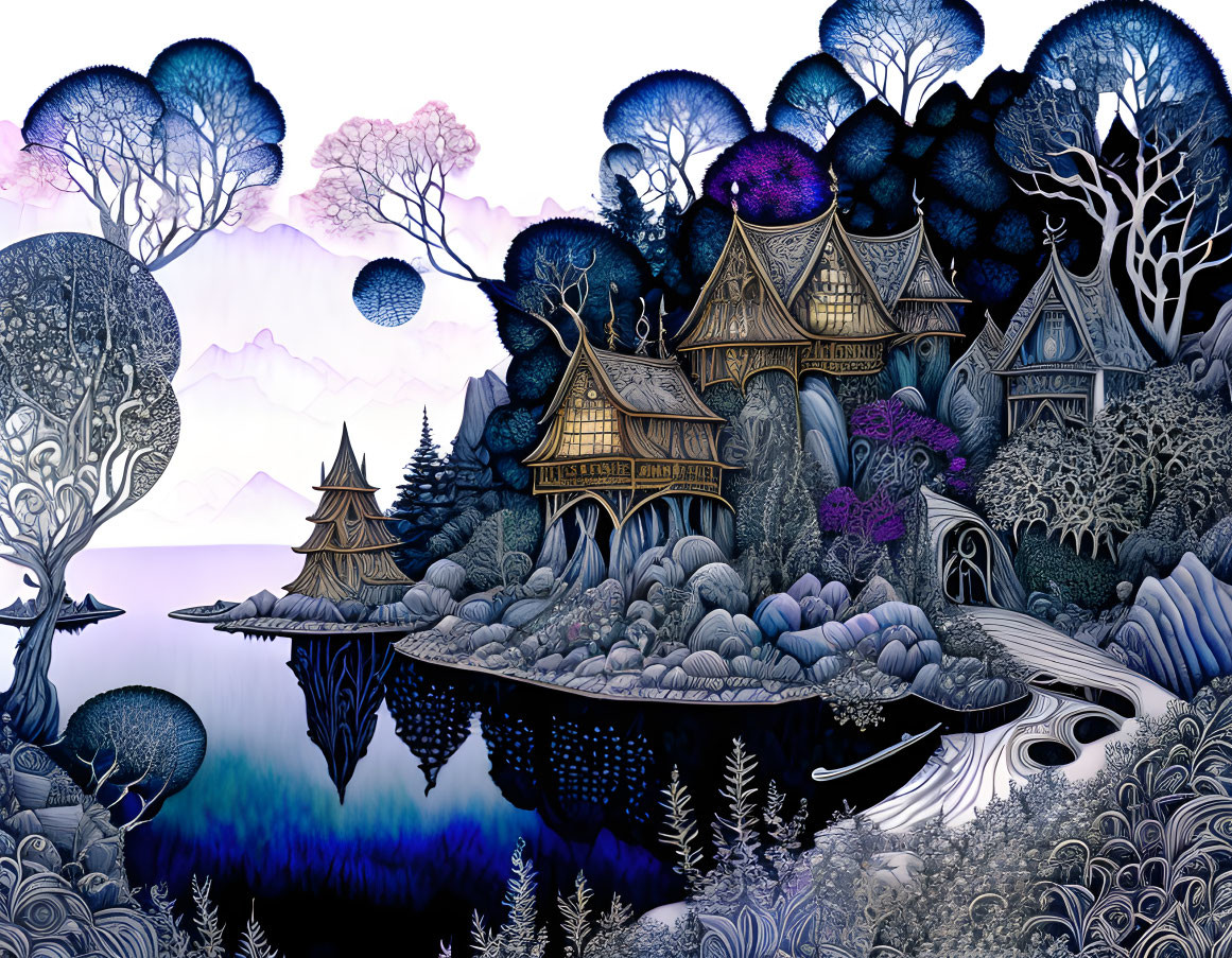 Fantastical landscape with stylized trees and Asian buildings in purple and blue hues.