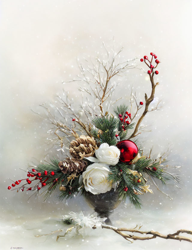 White Flowers, Red Berries, Pine Cones in Black Vase - Festive Winter Arrangement