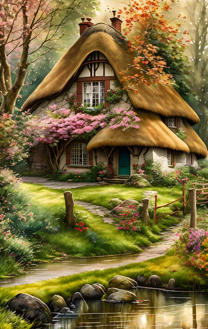 Thatched cottage with lush gardens and stream