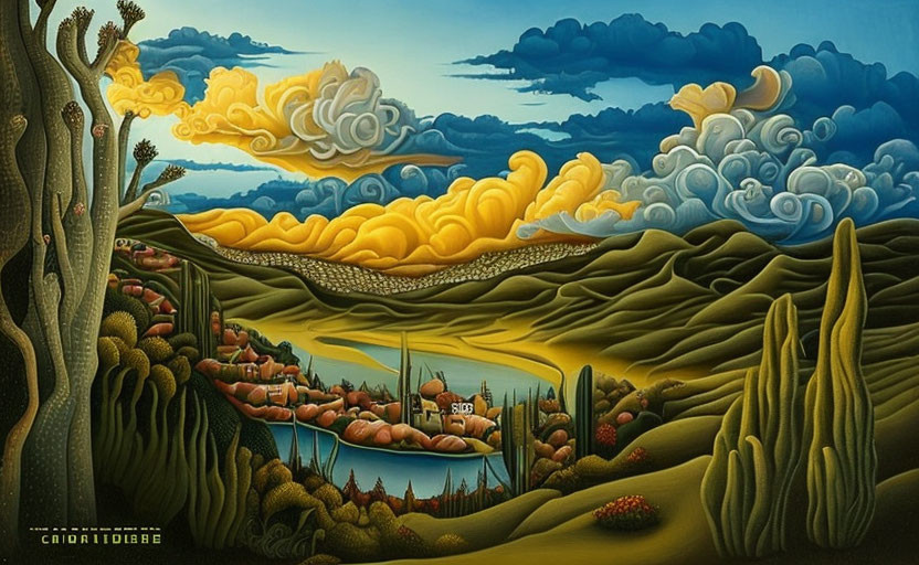 Colorful surreal landscape with hills, cacti, river, clouds, village in swirling patterns