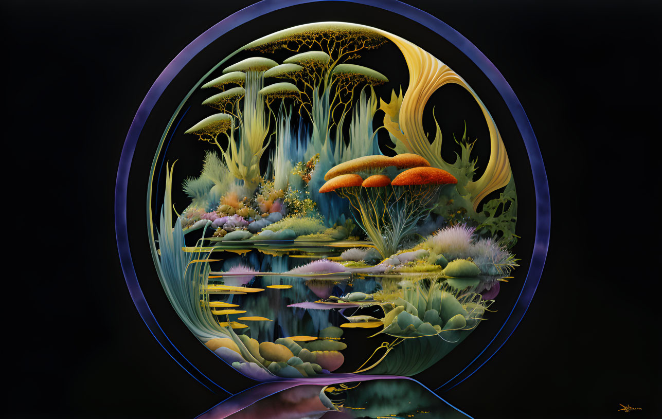 Intricate surreal artwork of circular aquatic ecosystem with fantastical mushrooms and waterfalls