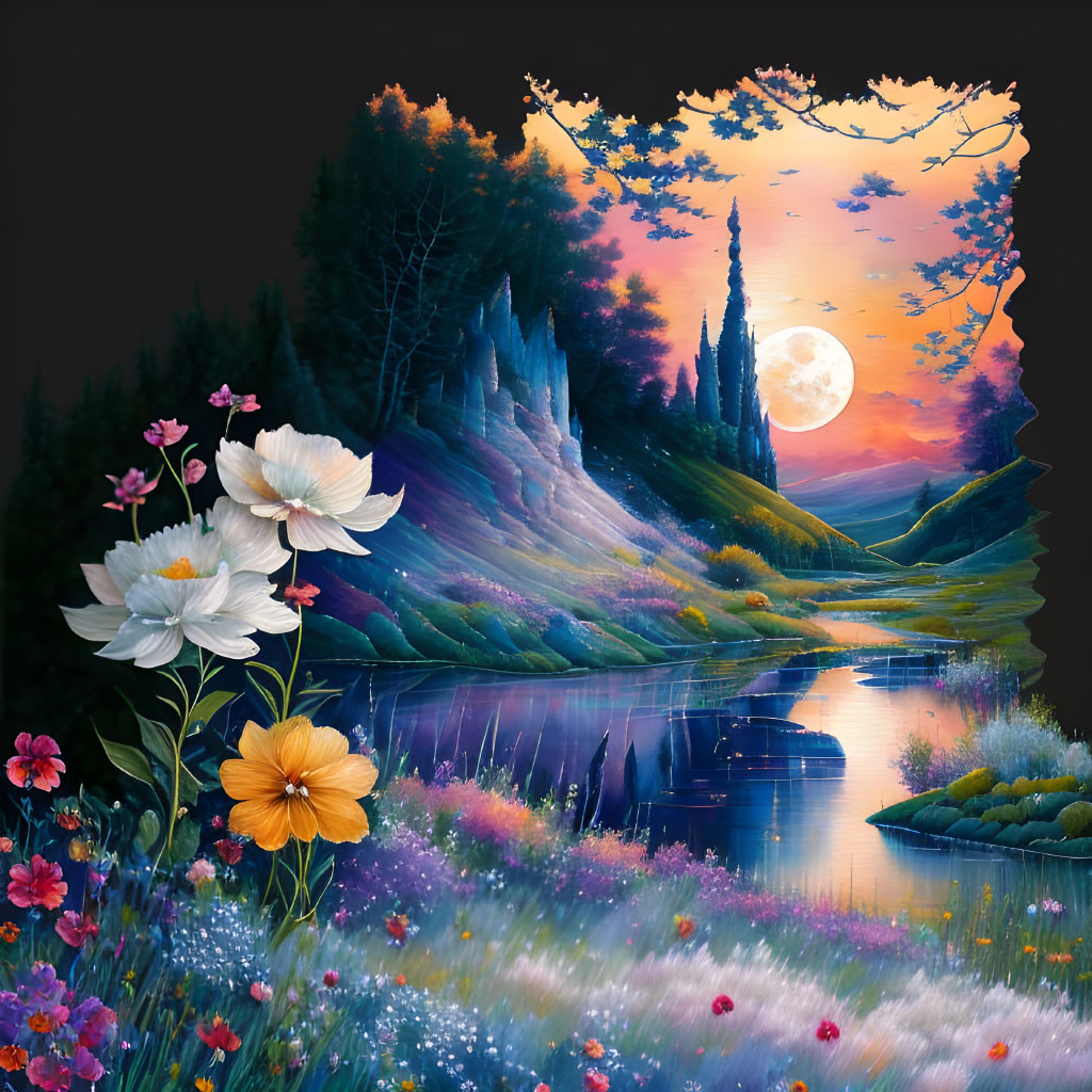 Serene river landscape painting with lush forests and full moon