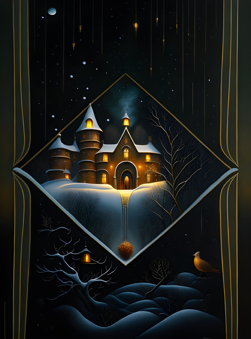 Digital Art: Castle at Night in Snowy Landscape & Starry Sky