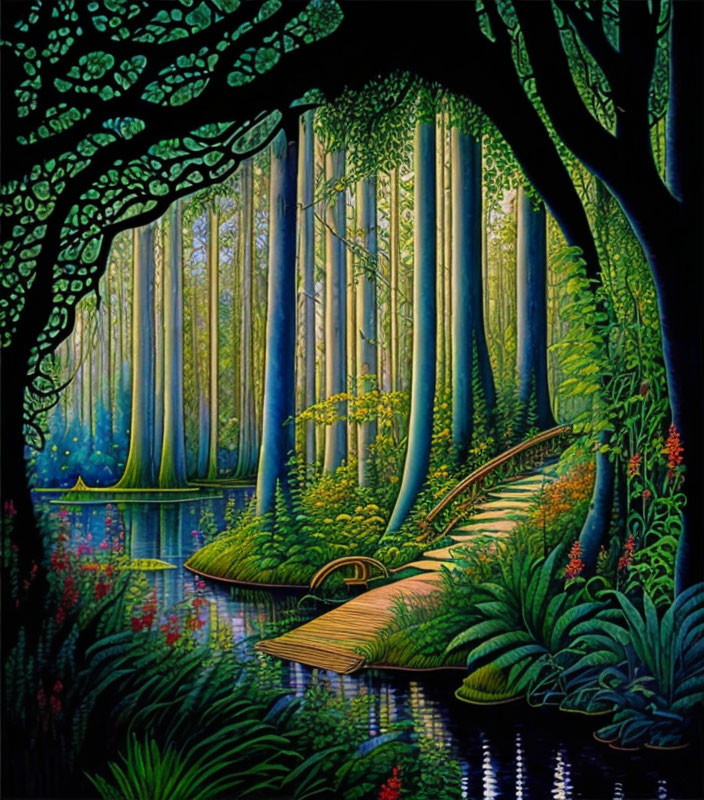 Enchanting forest scene with lush greenery, towering trees, serene pond, and wooden bridge.