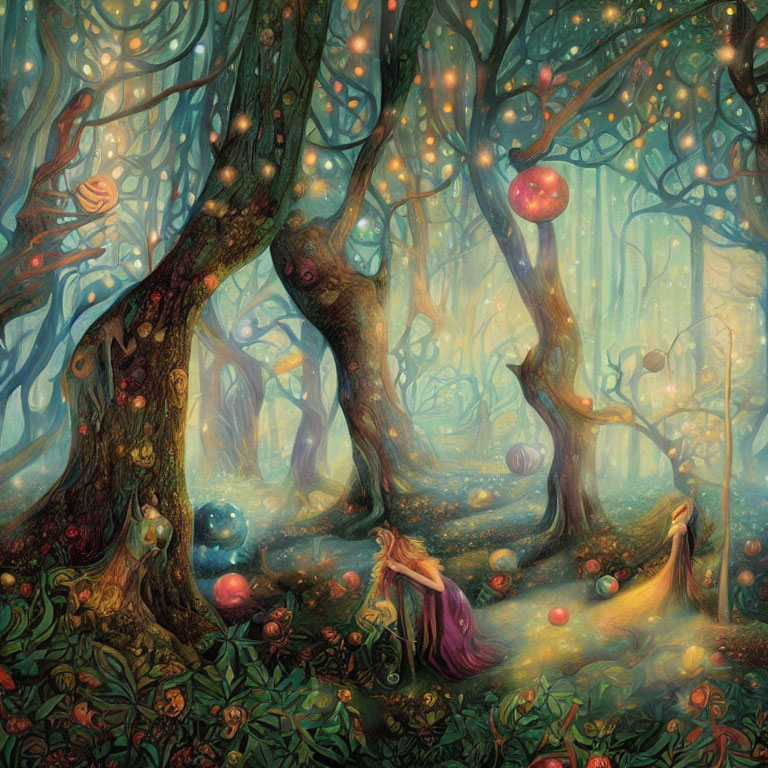 Enchanting forest with glowing orbs, oversized fruits, figure in purple cloak, twisted trees.