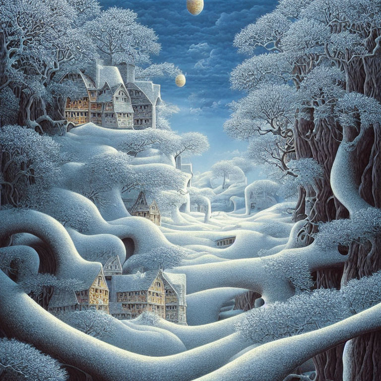 Snow-covered pathways and trees in surreal winter scene with houses under full moon