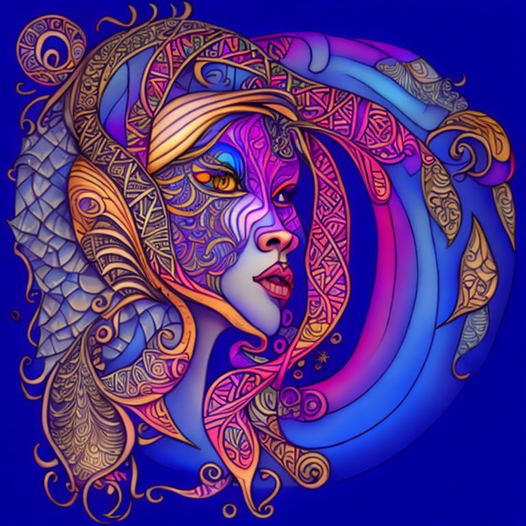 Colorful digital artwork of woman's face with patterns and feathers on dark blue.