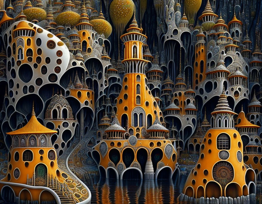 Intricate golden-domed structures in surreal organic landscape