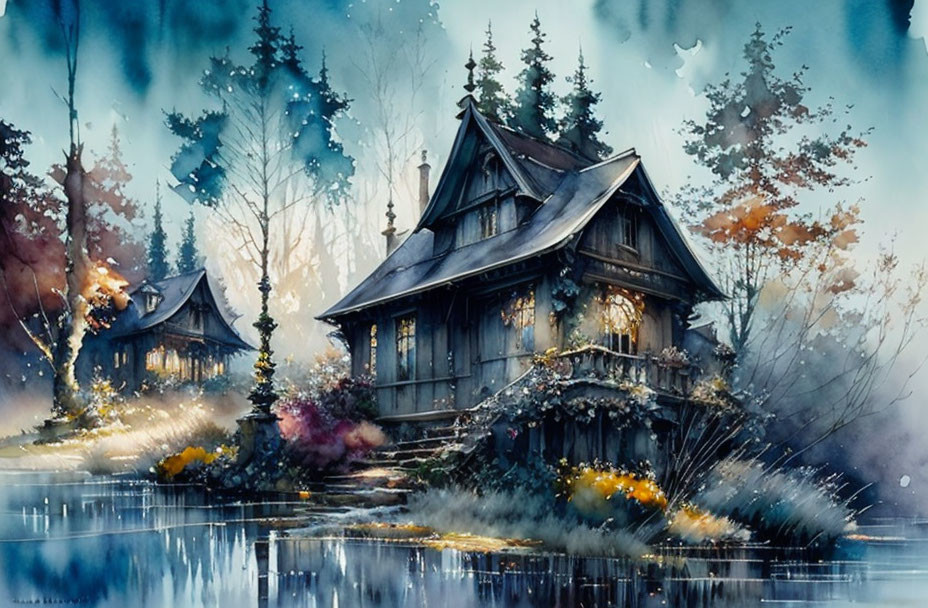 Tranquil watercolor painting of wooden cabins in forest by a serene lake