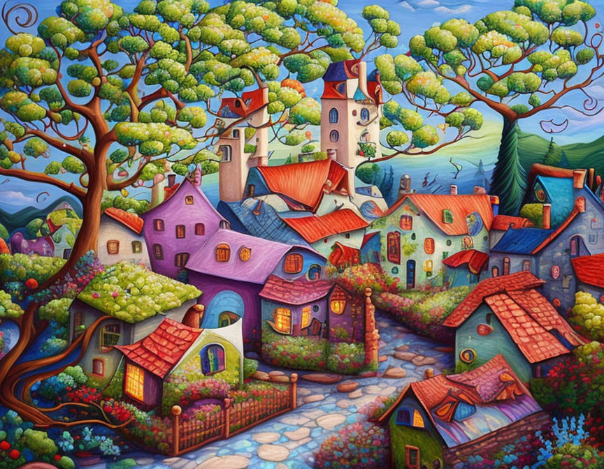 Colorful Village Painting with Whimsical Houses & Blooming Flowers