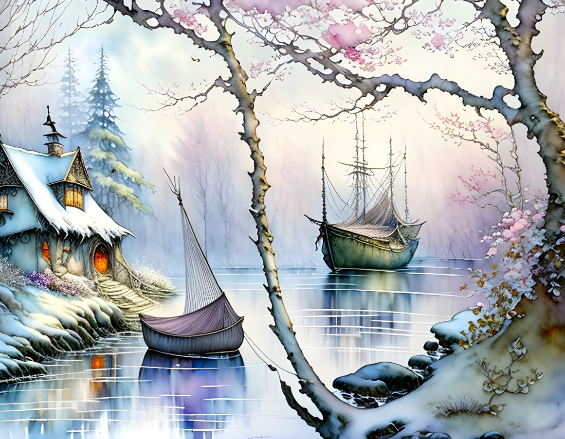 Winter fairytale: cozy cottage, serene river, snow, cherry blossoms.