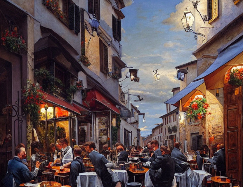 European Street Cafe Scene with Outdoor Dining and Hanging Lanterns