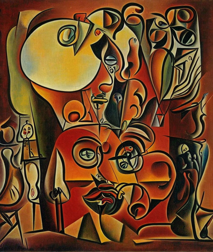 Geometric Cubist painting with distorted human profiles in warm earthy tones