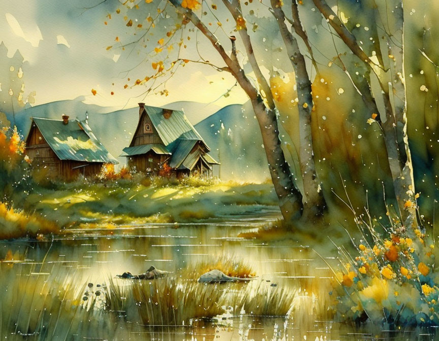 Tranquil river scene with autumn cottages and falling leaves